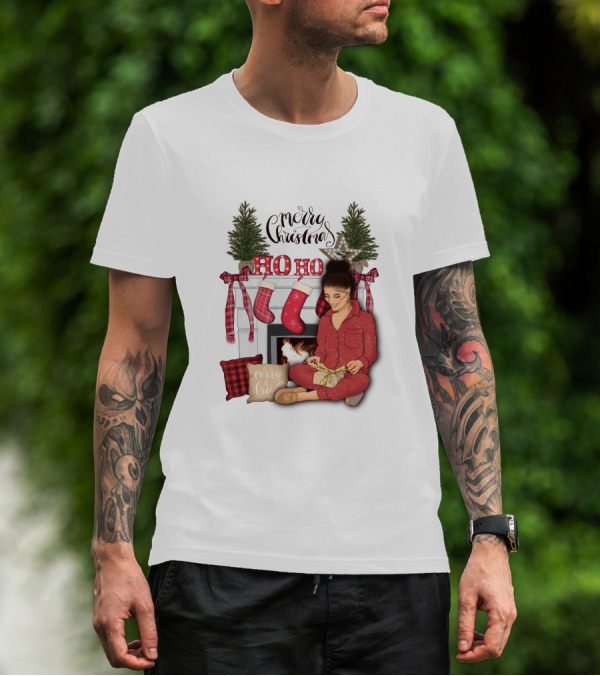 Merry Christmas Ho Ho Ho Girl By Fireplace With Stockings And Christmas Tree Decor T-Shirt