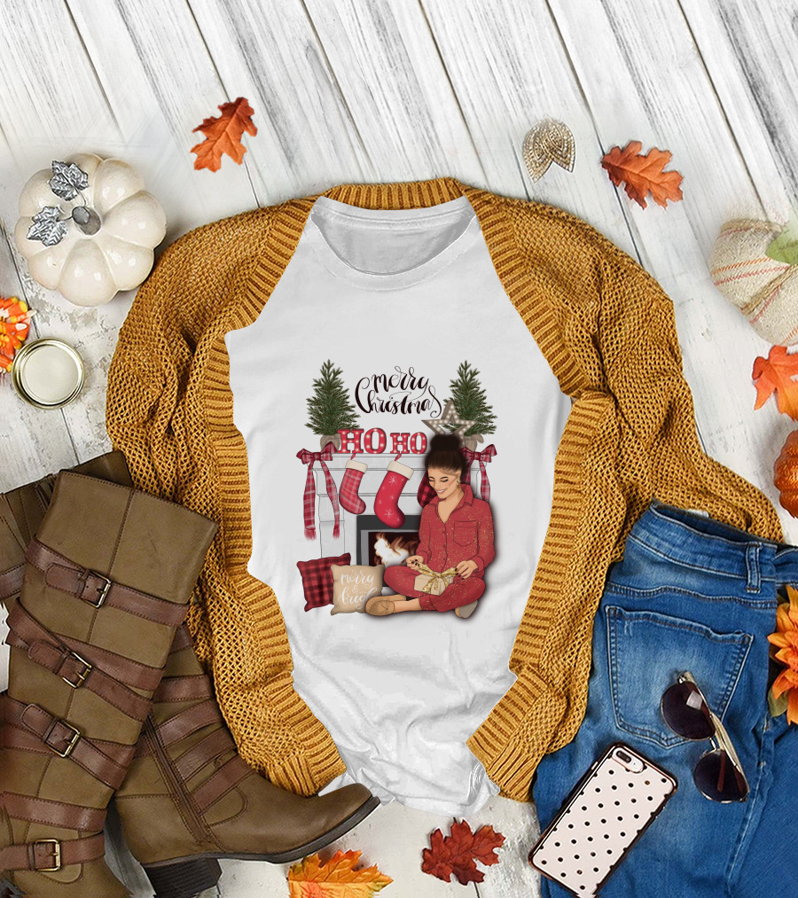 Merry Christmas Ho Ho Ho Girl by Fireplace with Stockings and Christmas Tree Decor T-Shirt