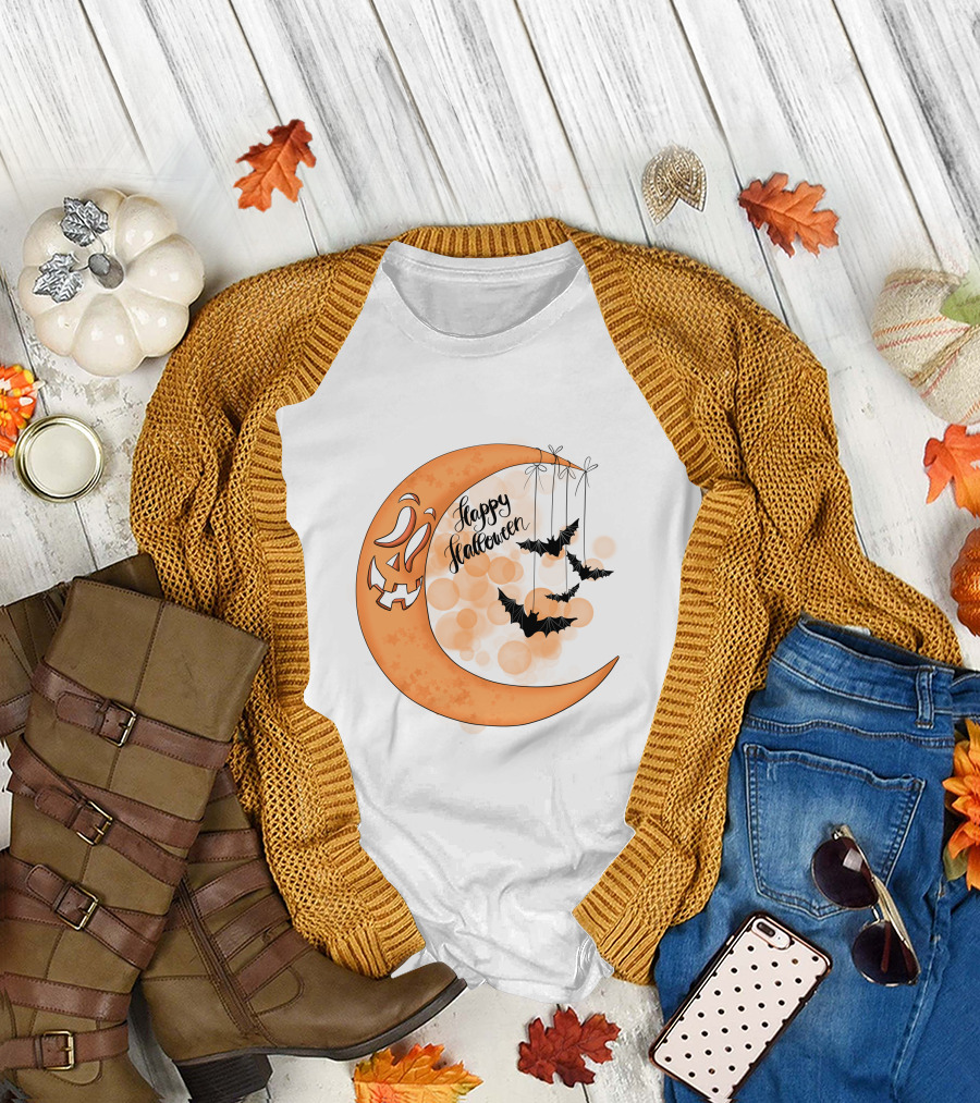 Happy Halloween Moon with Bats and Jack-O'-Lantern Face T-Shirt