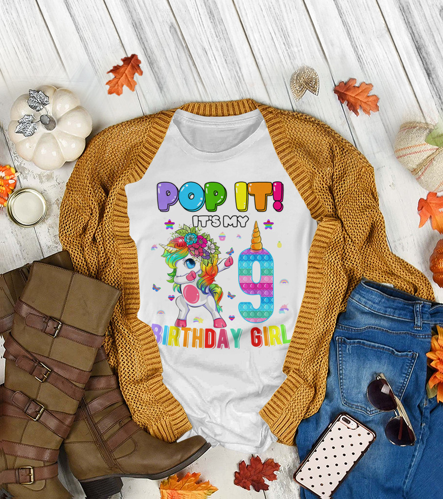Pop It It's My 9 Birthday Girl Unicorn Rainbow Pop It T-Shirt