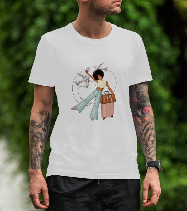 Traveling African American Girl With Suitcase And Airplanes T-Shirt