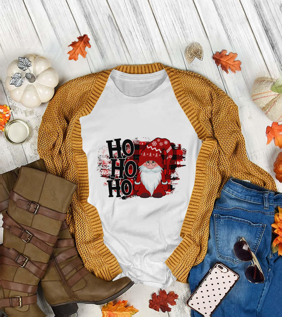 Ho Ho Ho Gnome Christmas Plaid Santa T-Shirt