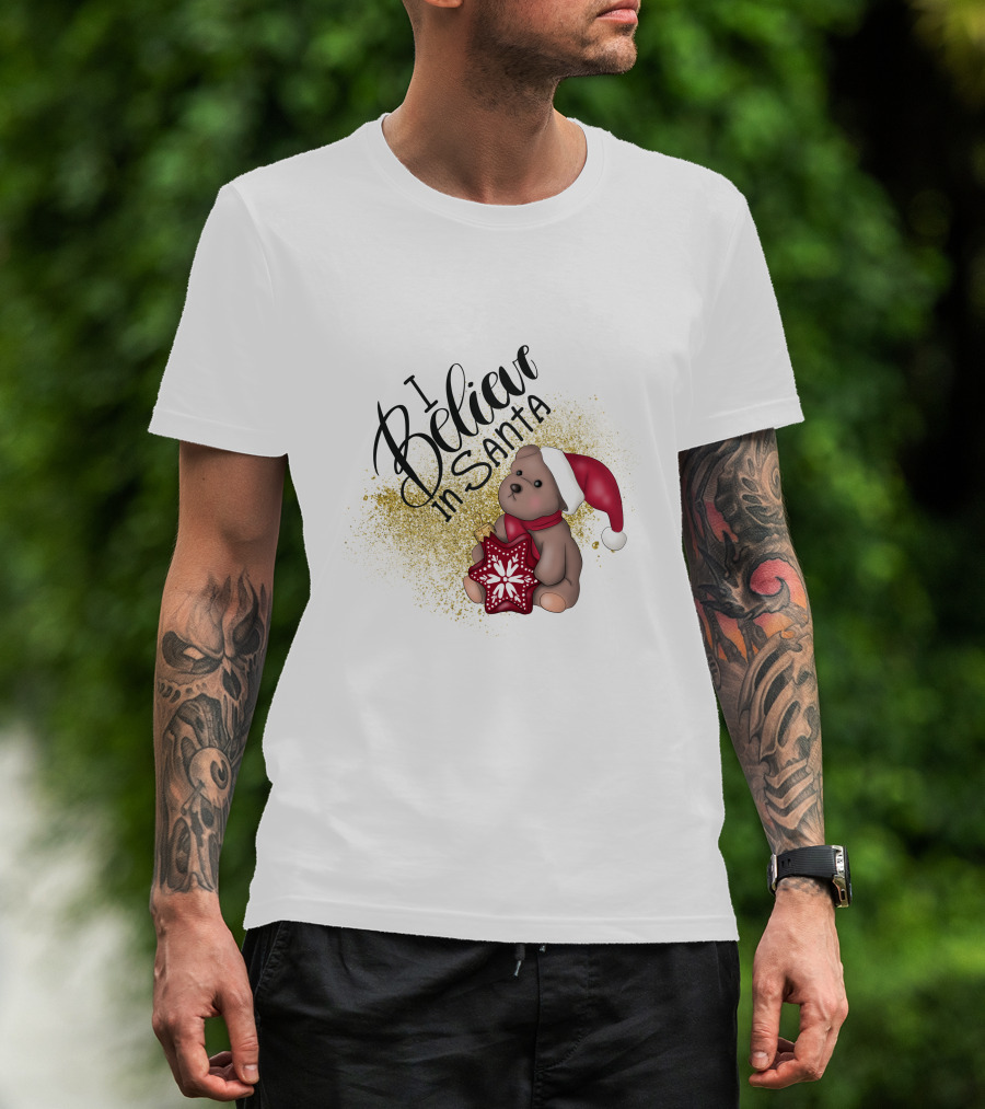 I Believe In Santa Bear With Red Hat And Star Cookie T-Shirt