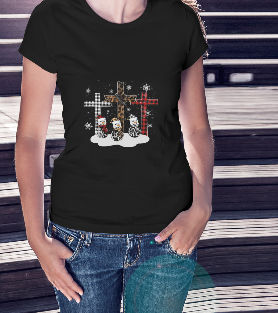 Leopard Plaid Snowman Faith Love Winter Crosses T-Shirt