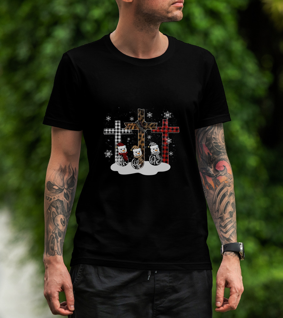 Leopard Plaid Snowman Faith Love Winter Crosses T-Shirt