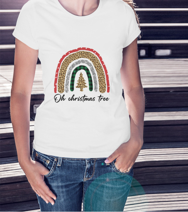 Oh Christmas Tree Leopard Plaid Rainbow T-Shirt