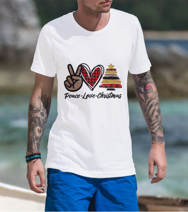 Peace Love Christmas Leopard Plaid Tree Star T-Shirt