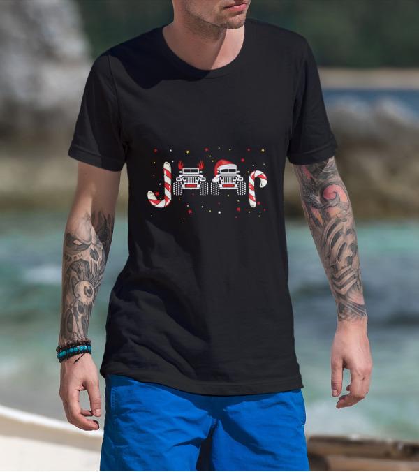 Jeep Christmas Candy Cane Reindeer Antlers Santa Hat T-Shirt