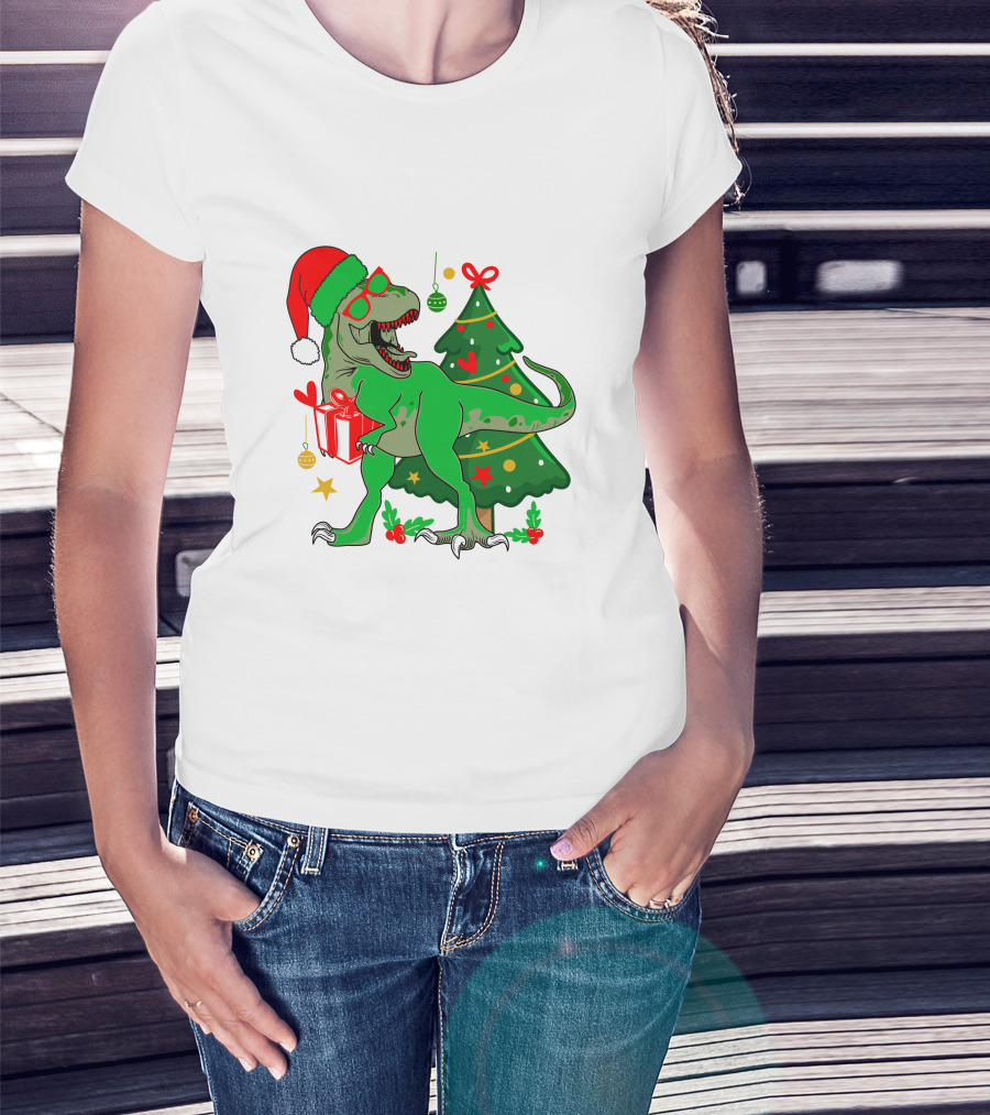Christmas Dinosaur Santa With Tree And Gift T-Shirt