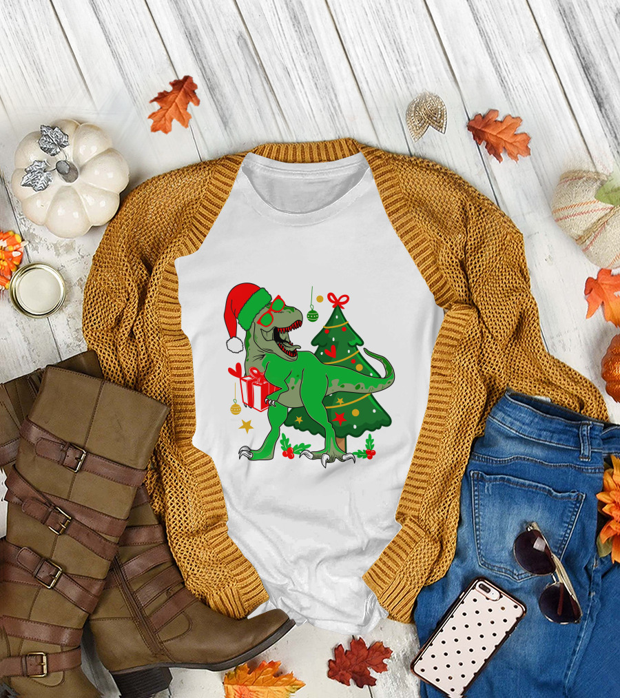 Christmas Dinosaur Santa with Tree and Gift T-Shirt