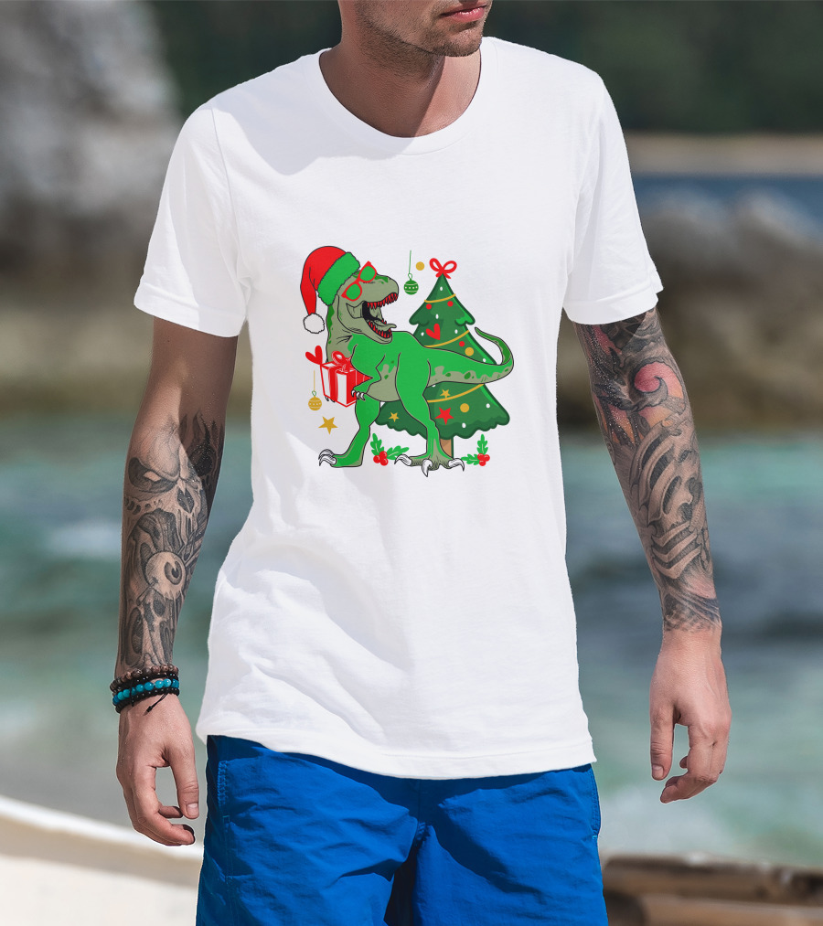 Christmas Dinosaur Santa With Tree And Gift T-Shirt