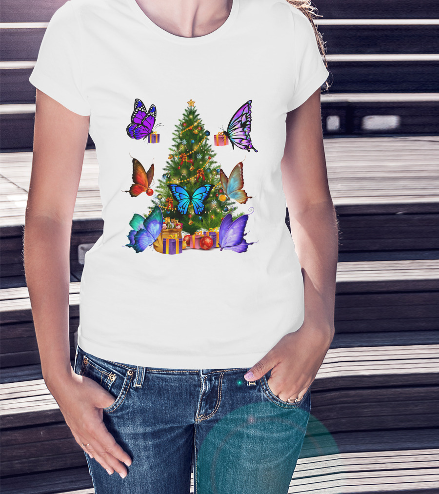 Butterfly Christmas Tree With Colorful Presents And Butterflies T-Shirt