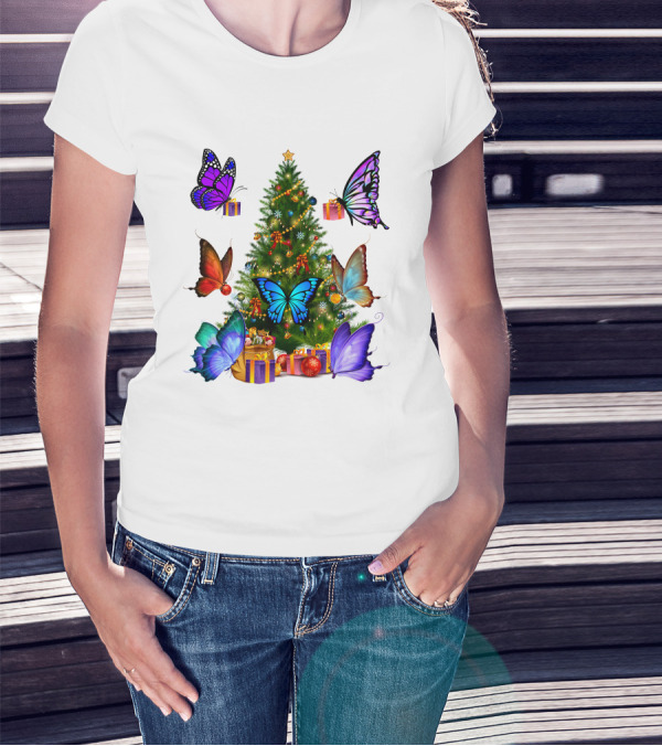 Butterfly Christmas Tree With Colorful Presents And Butterflies T-Shirt