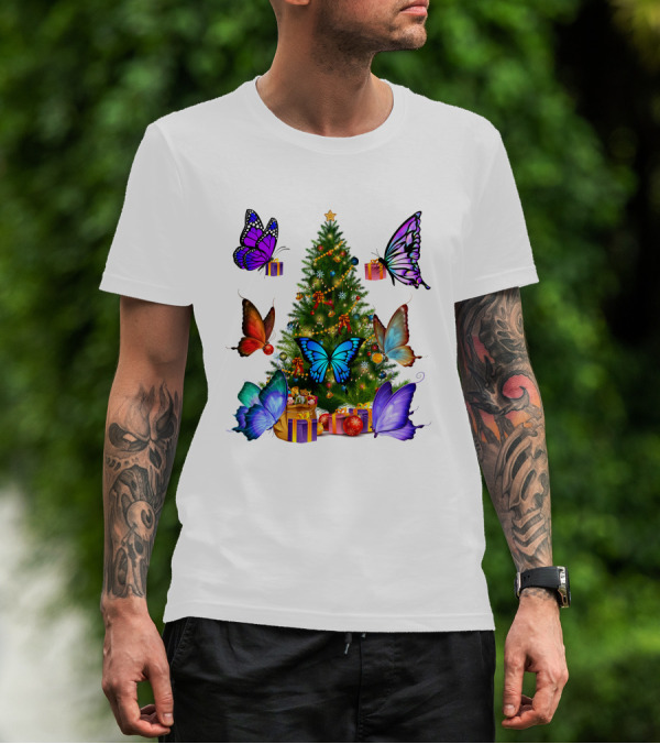 Butterfly Christmas Tree With Colorful Presents And Butterflies T-Shirt