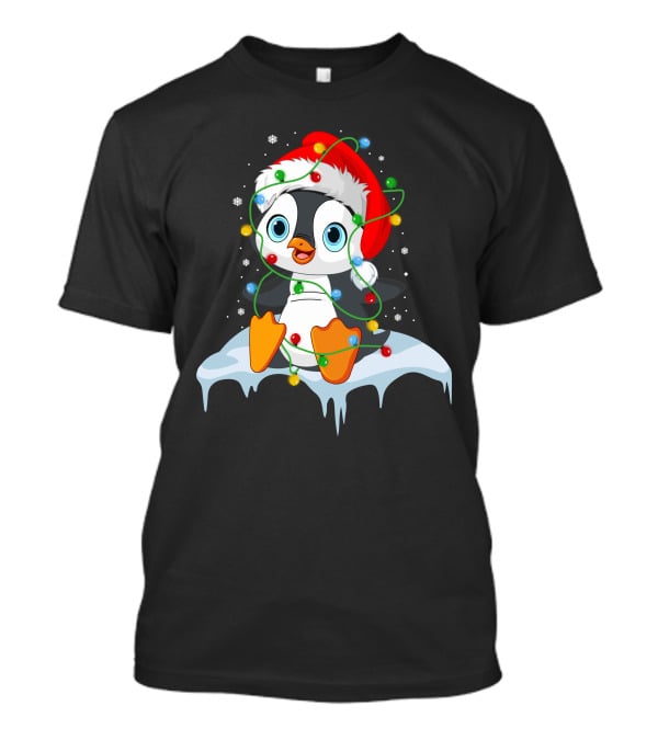 Baby Penguin Santa Christmas Lights Snowflakes T-Shirt
