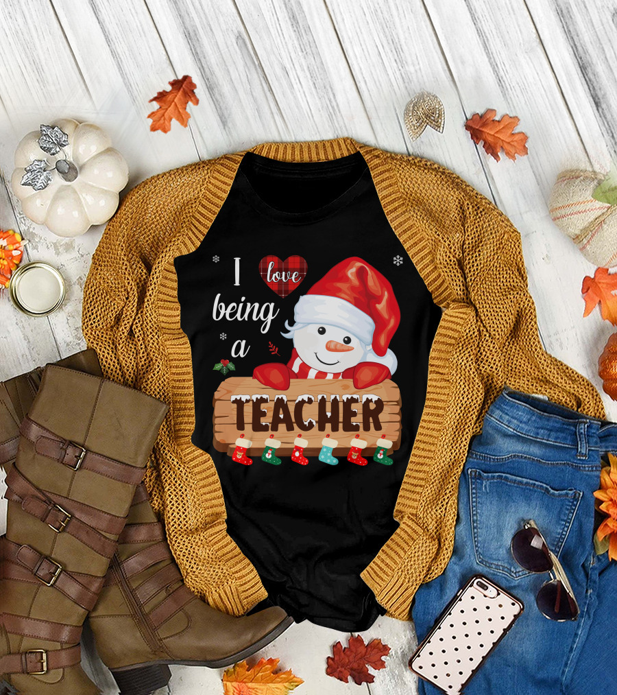 I Love Being a Teacher Christmas Snowman with Santa Hat and Festive Stockings T-Shirt