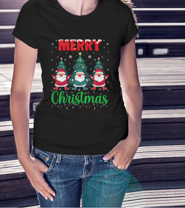Merry Christmas Santa Gnome Snowflakes Trees Stars Lights T-Shirt