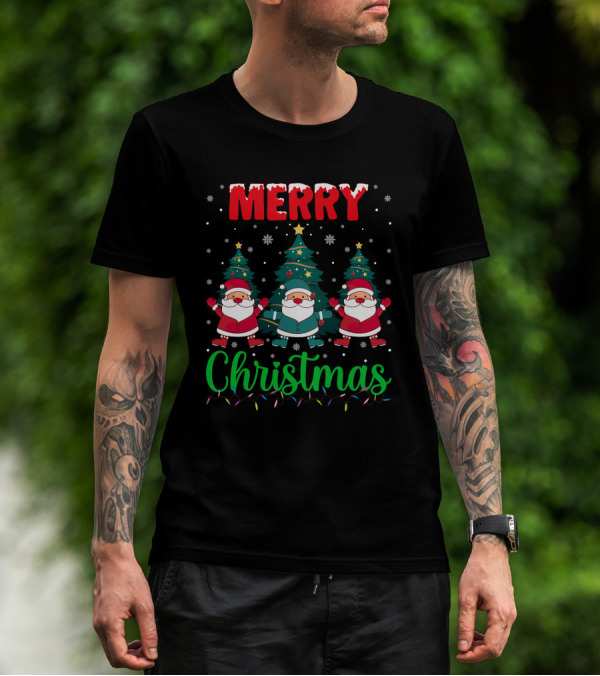 Merry Christmas Santa Gnome Snowflakes Trees Stars Lights T-Shirt