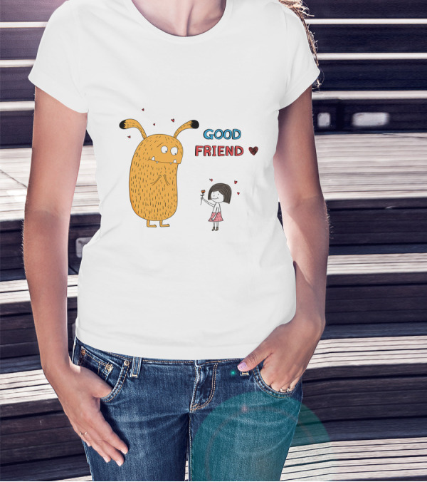 Good Friend Cute Monster And Girl With Hearts T-Shirt