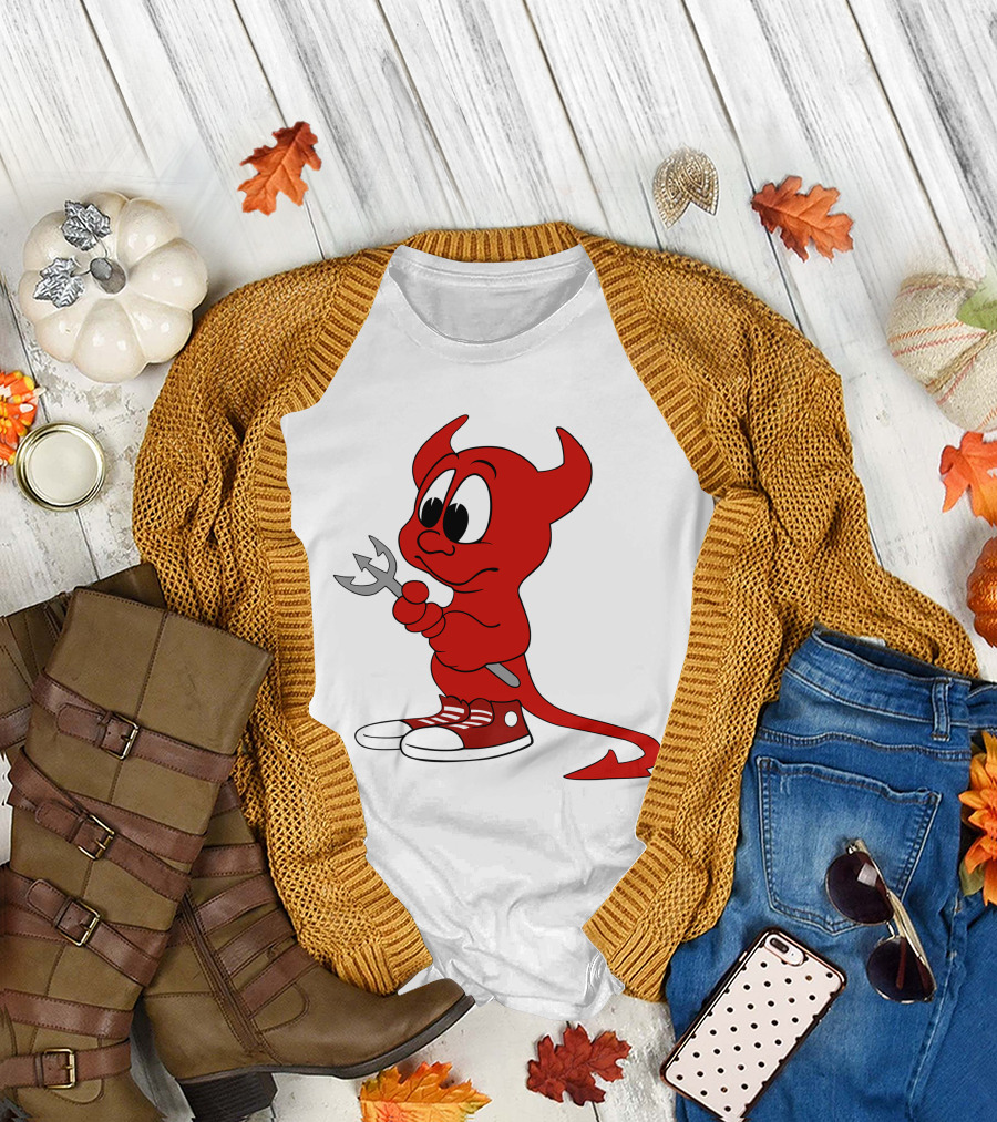 Devil in Sneakers Holding Pitch Fork Cartoon T-Shirt