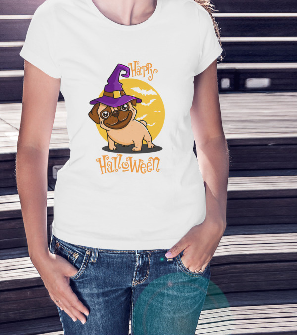 Happy Halloween Dog Witch Hat Full Moon Bats T-Shirt