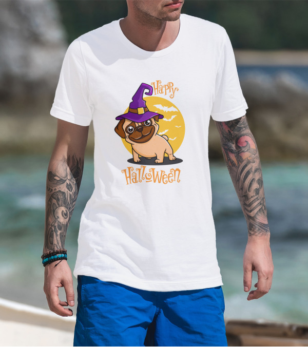 Happy Halloween Dog Witch Hat Full Moon Bats T-Shirt