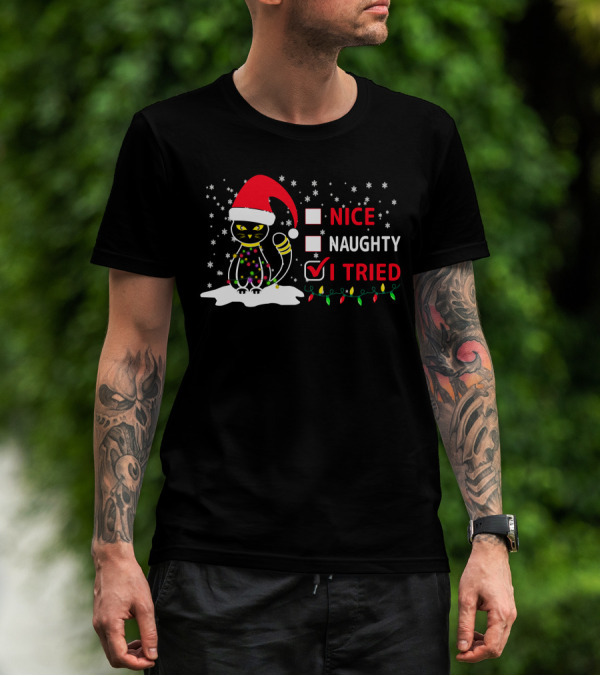 Nice Naughty Tried Christmas Cat Santa Hat Festive Lights T-Shirt