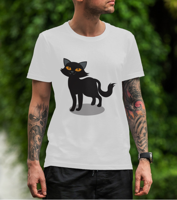 Cartoon Black Cat Illustration With Orange Eyes And Shadow T-Shirt