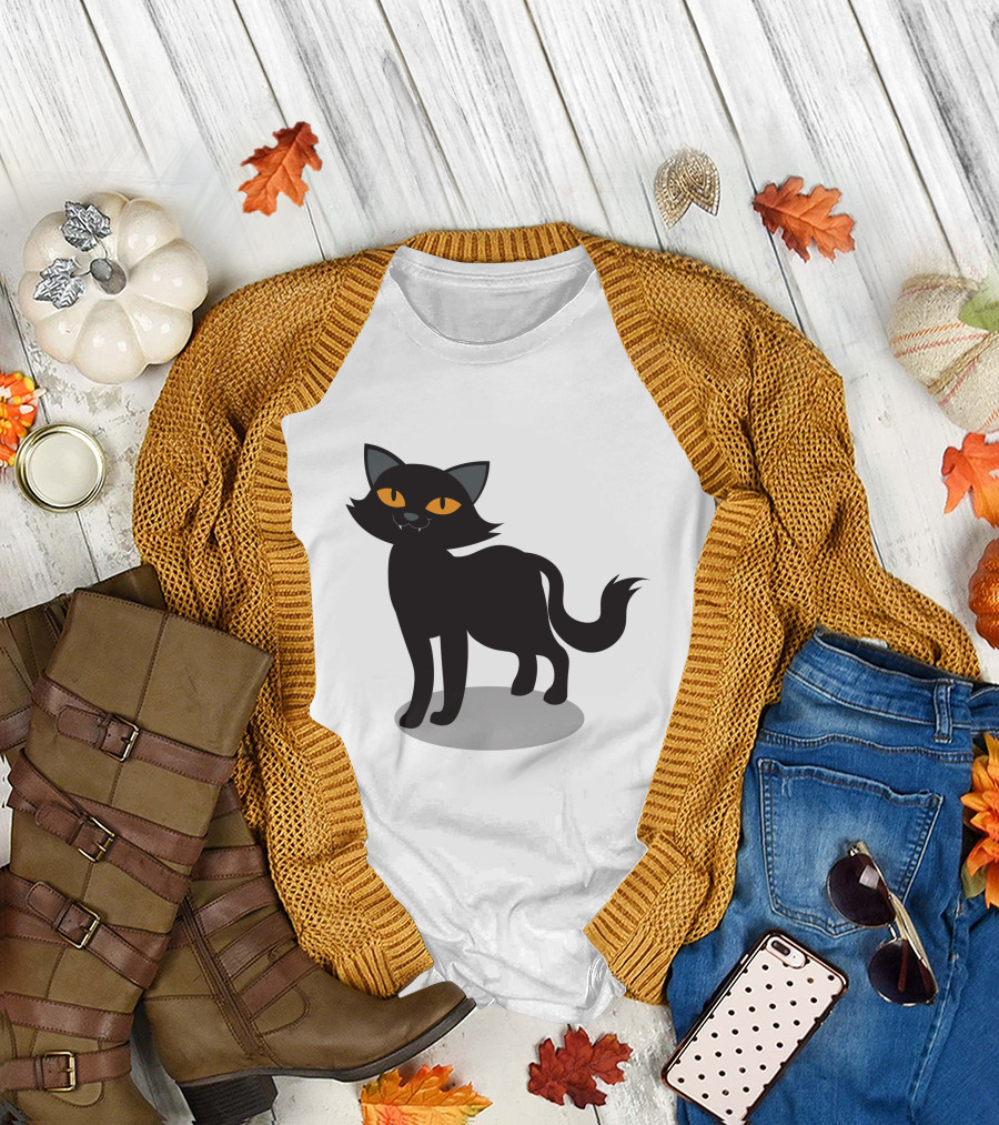 Cartoon Black Cat Illustration with Orange Eyes and Shadow T-Shirt