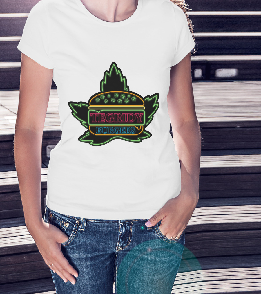 Tegridy Burgers Neon Sign With Leaf And Burger Outline T-Shirt