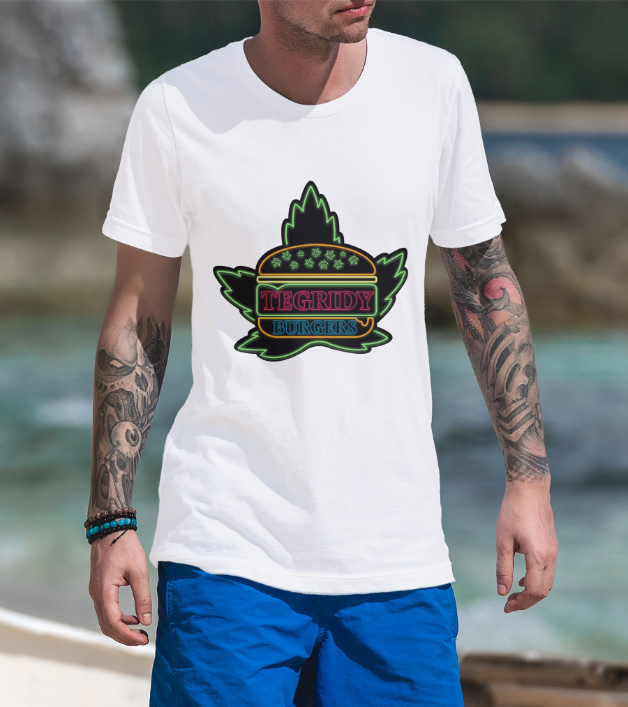 Tegridy Burgers Neon Sign With Leaf And Burger Outline T-Shirt