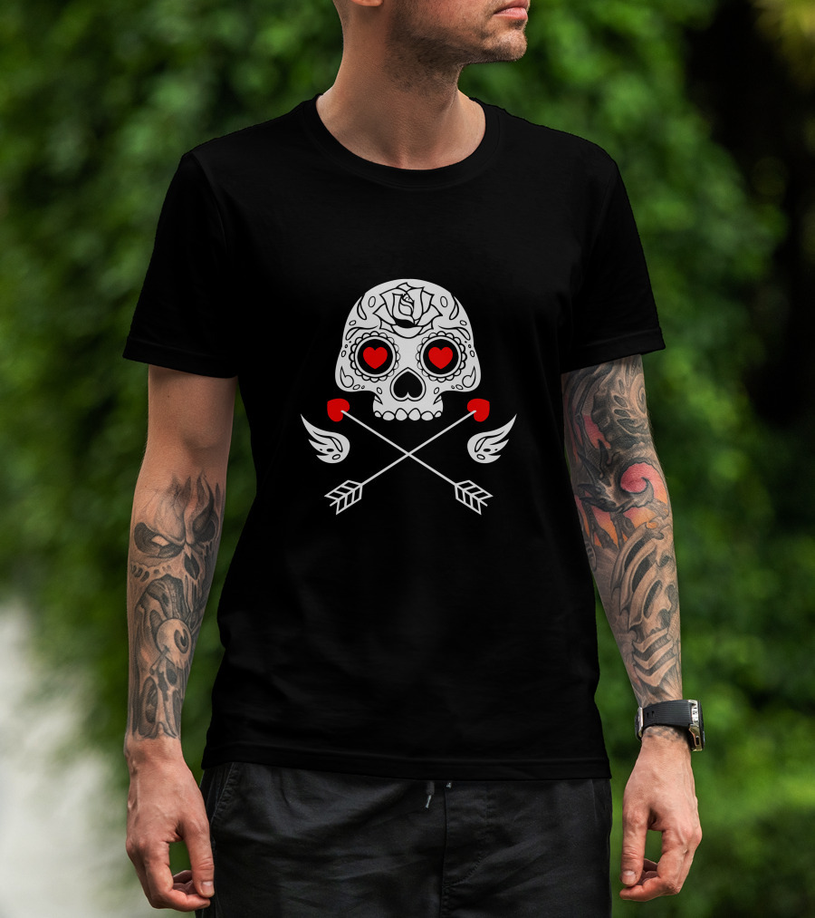 Cupido Valentines Day Sugar Skull With Hearts And Arrows T-Shirt