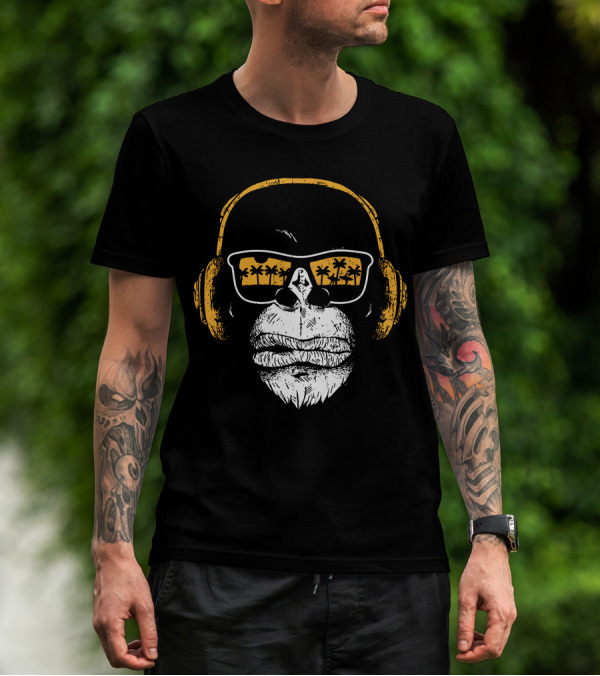 Monkey With DJ Headphones Sunglasses Palm Trees T-Shirt