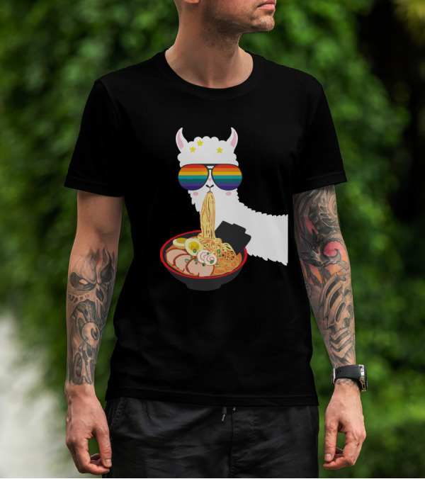 Rainbow Sunglasses LLama Eating Ramen Japanese Anime T-Shirt