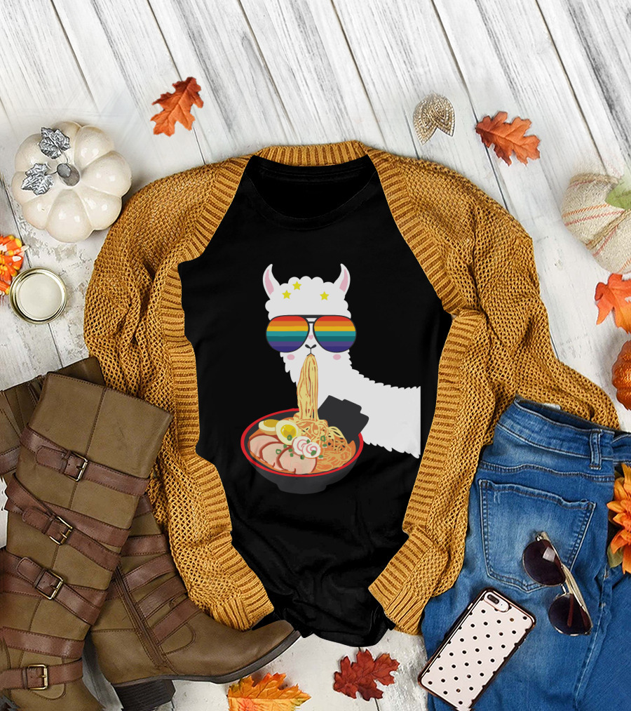 Rainbow Sunglasses LLama Eating Ramen Japanese Anime T-Shirt