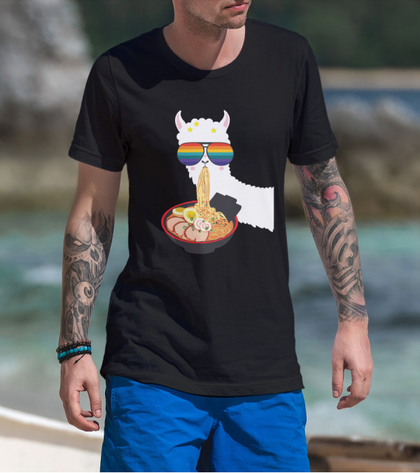 Rainbow Sunglasses LLama Eating Ramen Japanese Anime T-Shirt