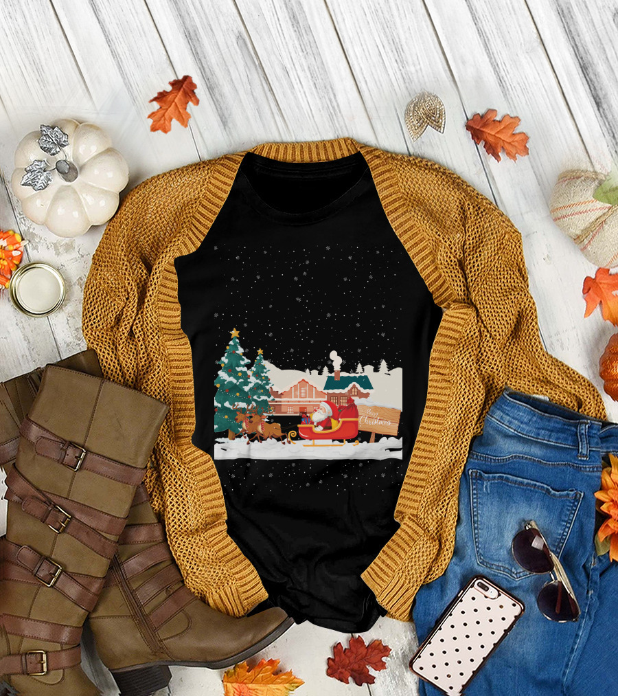 Merry Christmas Santa Claus Reindeer Sleigh Winter Scene T-Shirt