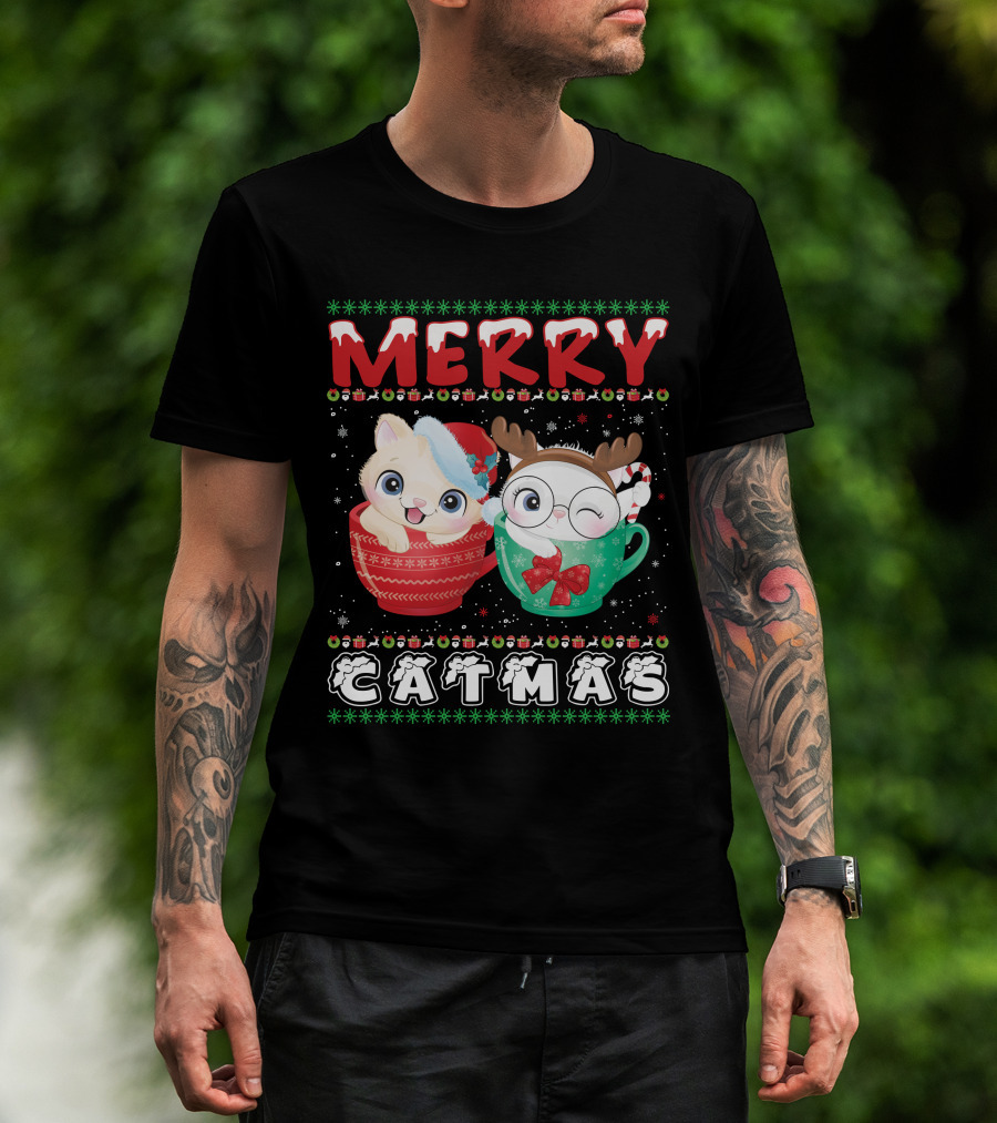 Merry Catmas With Festive Cats In Holiday Mugs T-Shirt