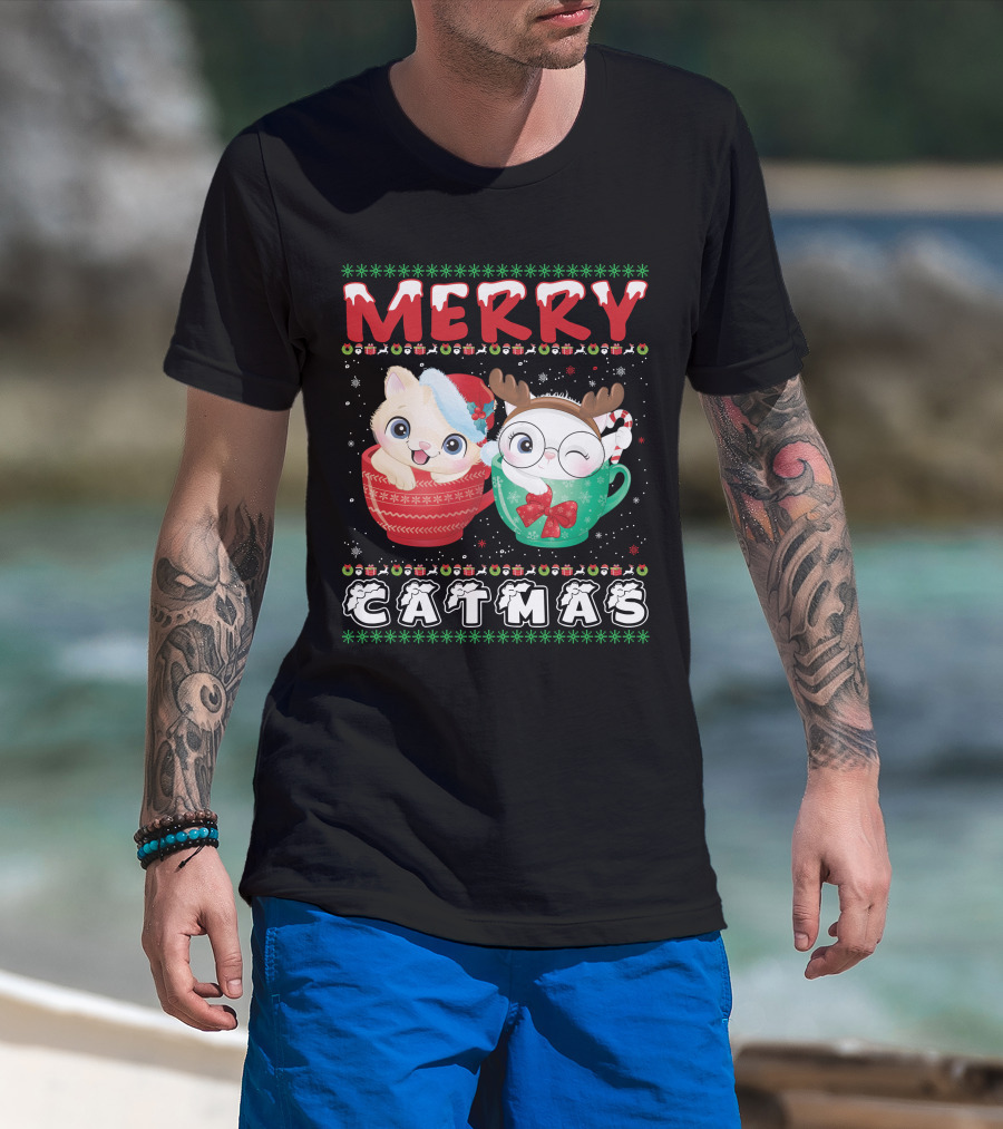 Merry Catmas With Festive Cats In Holiday Mugs T-Shirt