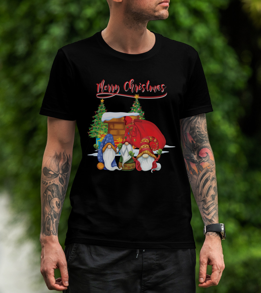 Merry Christmas Funny Gnomes With Santa's Sack And Festive Trees T-Shirt