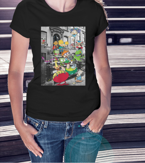 Classic Nicktoons Characters Sitting On Stoop Together In Black-and-White Background Scene T-Shirt