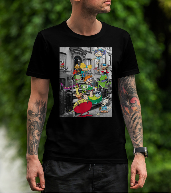 Classic Nicktoons Characters Sitting On Stoop Together In Black-and-White Background Scene T-Shirt