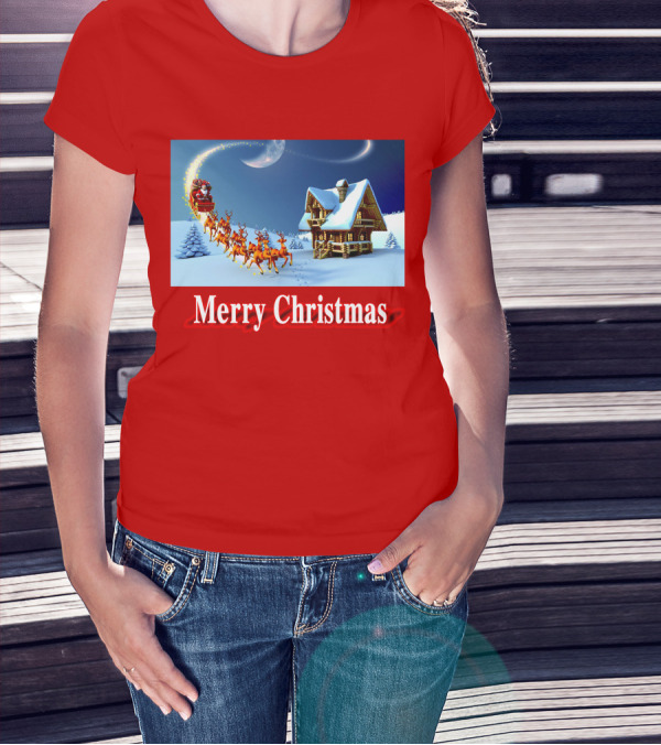 Merry Christmas Santa Sleigh Flying Over Snowy Cabin Scene T-Shirt