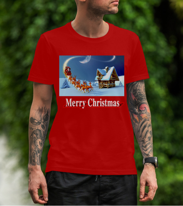 Merry Christmas Santa Sleigh Flying Over Snowy Cabin Scene T-Shirt