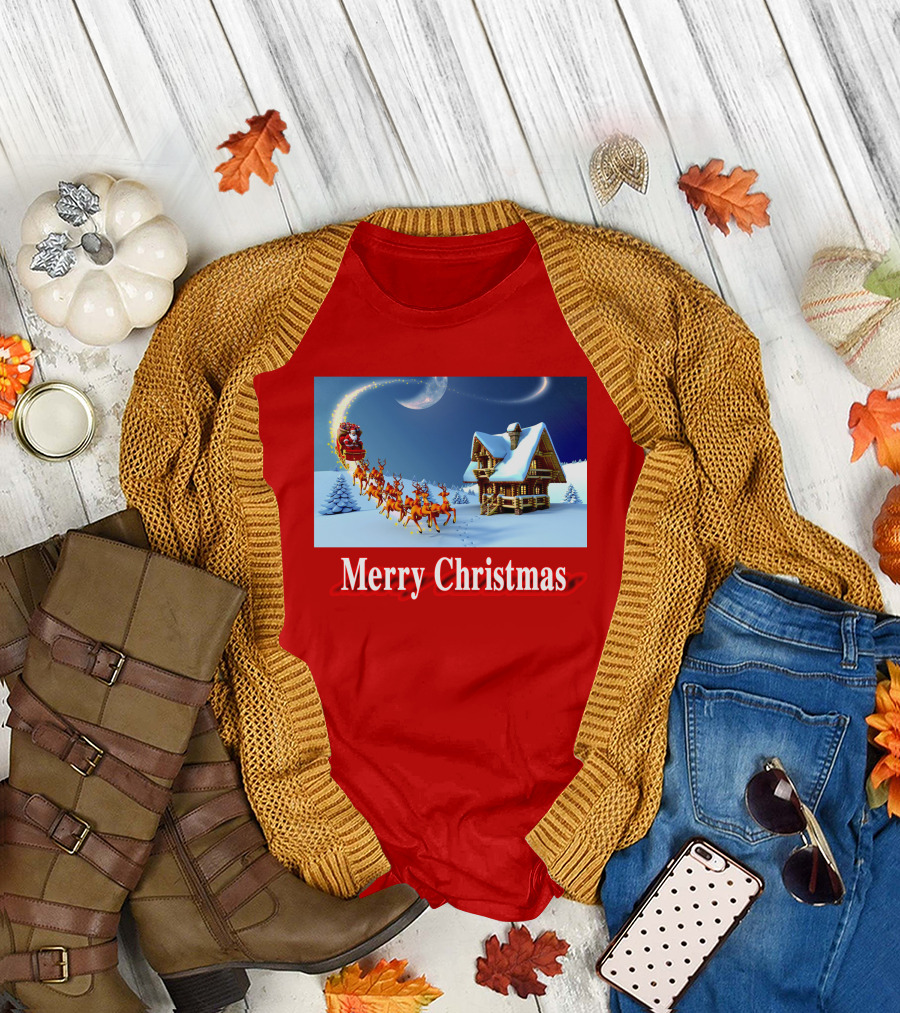 Merry Christmas Santa Sleigh Flying Over Snowy Cabin Scene T-Shirt