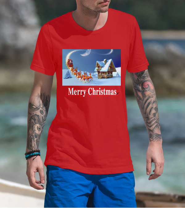 Merry Christmas Santa Sleigh Flying Over Snowy Cabin Scene T-Shirt
