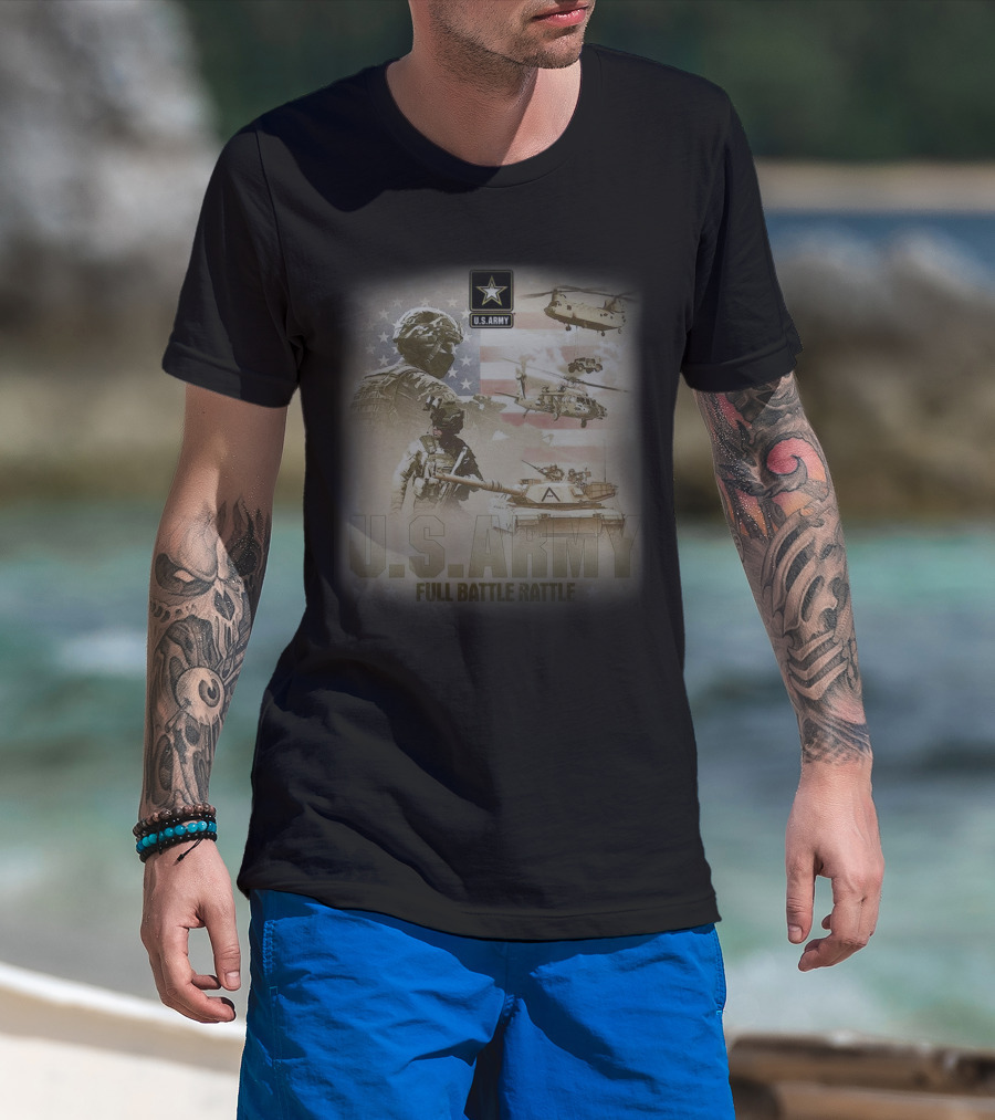 U.S. Army Full Battle Rattle Helicopters Tanks Flag T-Shirt