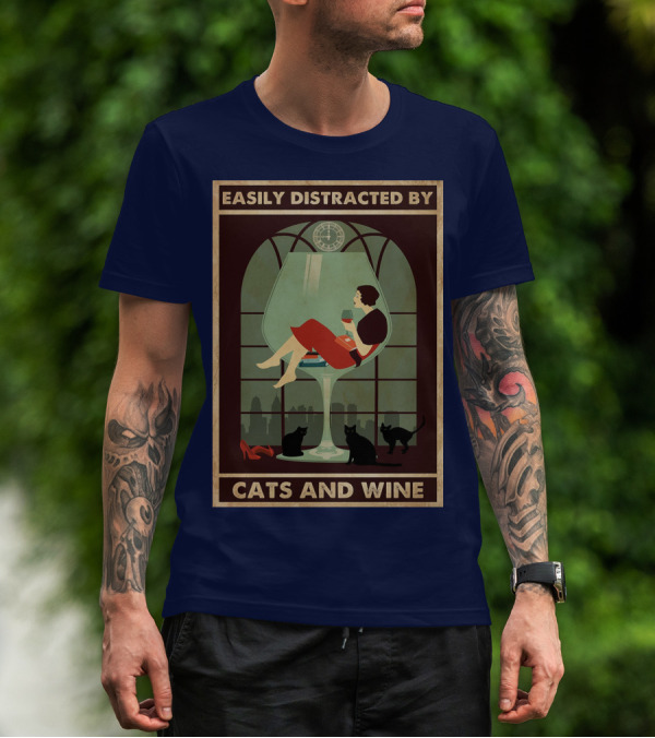 Easily Distracted By Cats And Wine Art Deco Woman In Glass With City Skyline And Cats T-Shirt