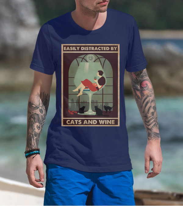 Easily Distracted By Cats And Wine Art Deco Woman In Glass With City Skyline And Cats T-Shirt