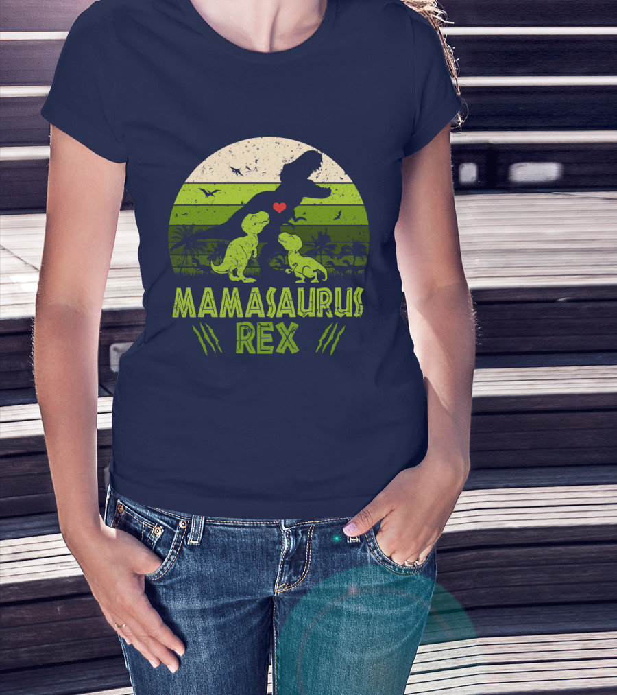 Kid Dinosaur Love For MamaSaurus Rex With Green Jungle Scene And Heart T-Shirt